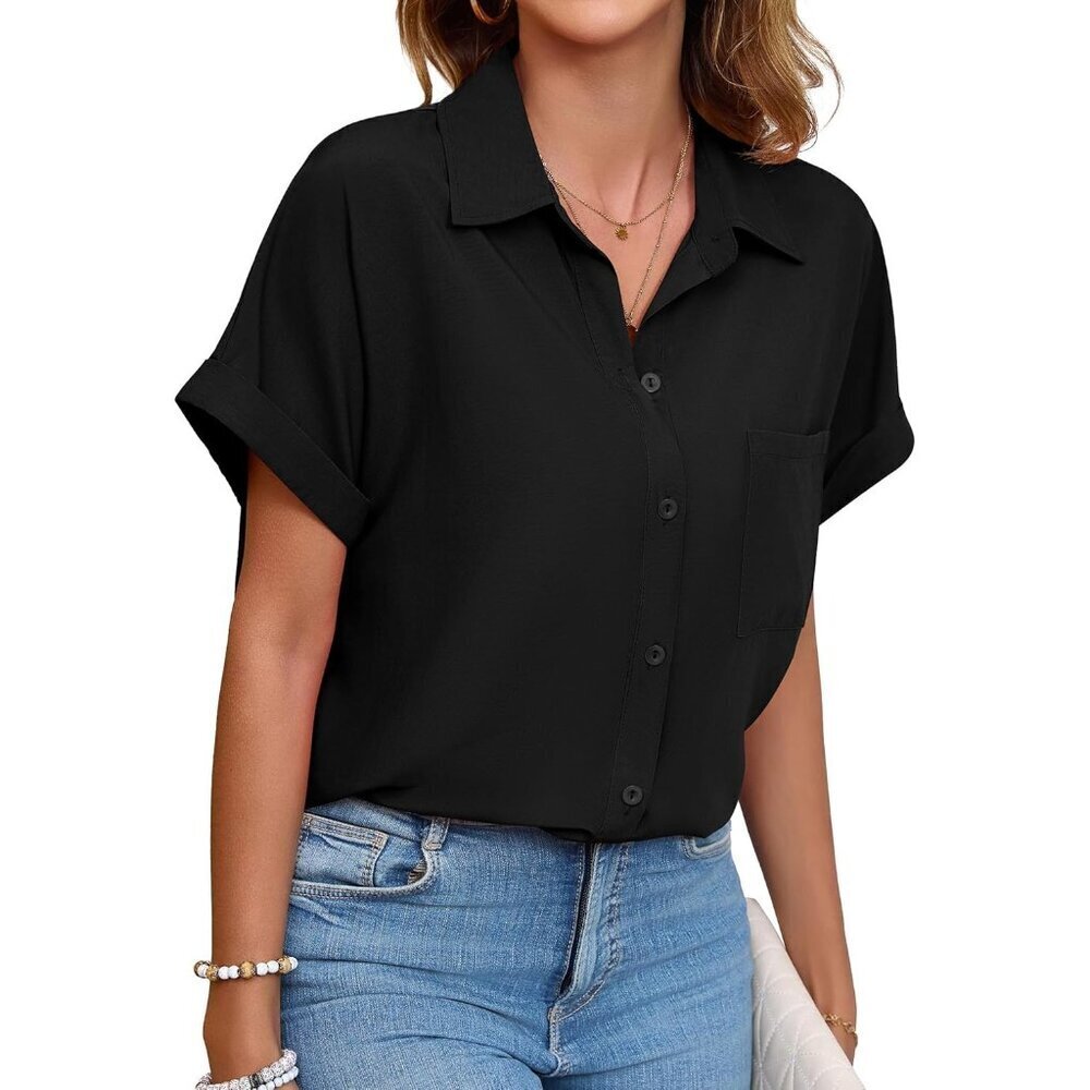 Women's Rayon or Polyester Button Down Shirt Short Sleeve Collared Casual Work B